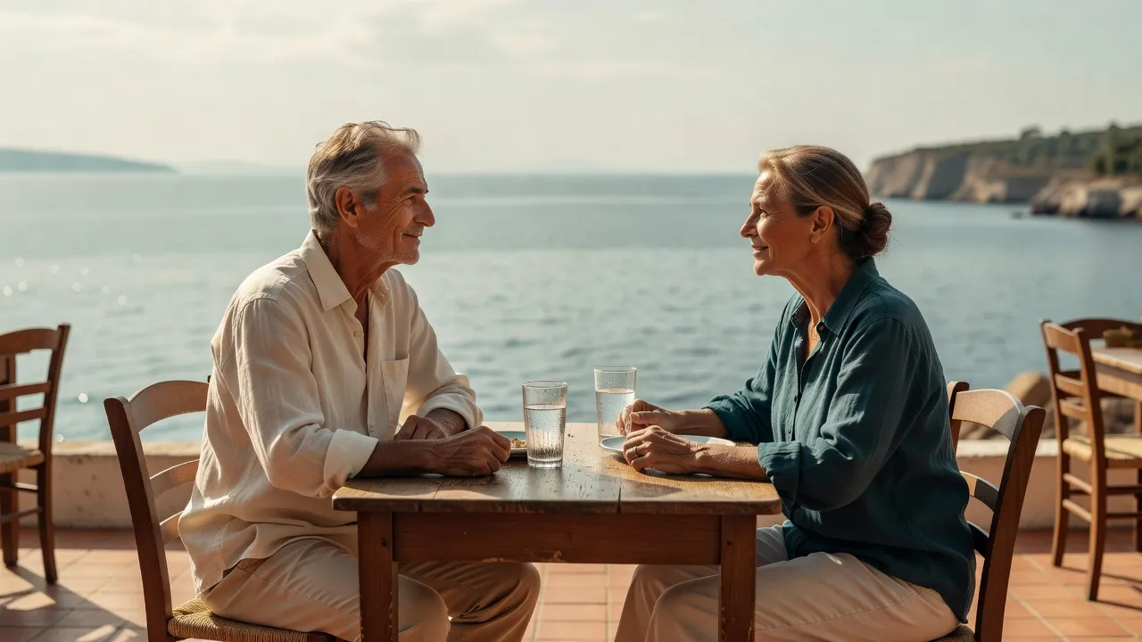 Two people sitting at a small table on a terrace above a calm sea, glasses of water between them, in warm late-morning light.