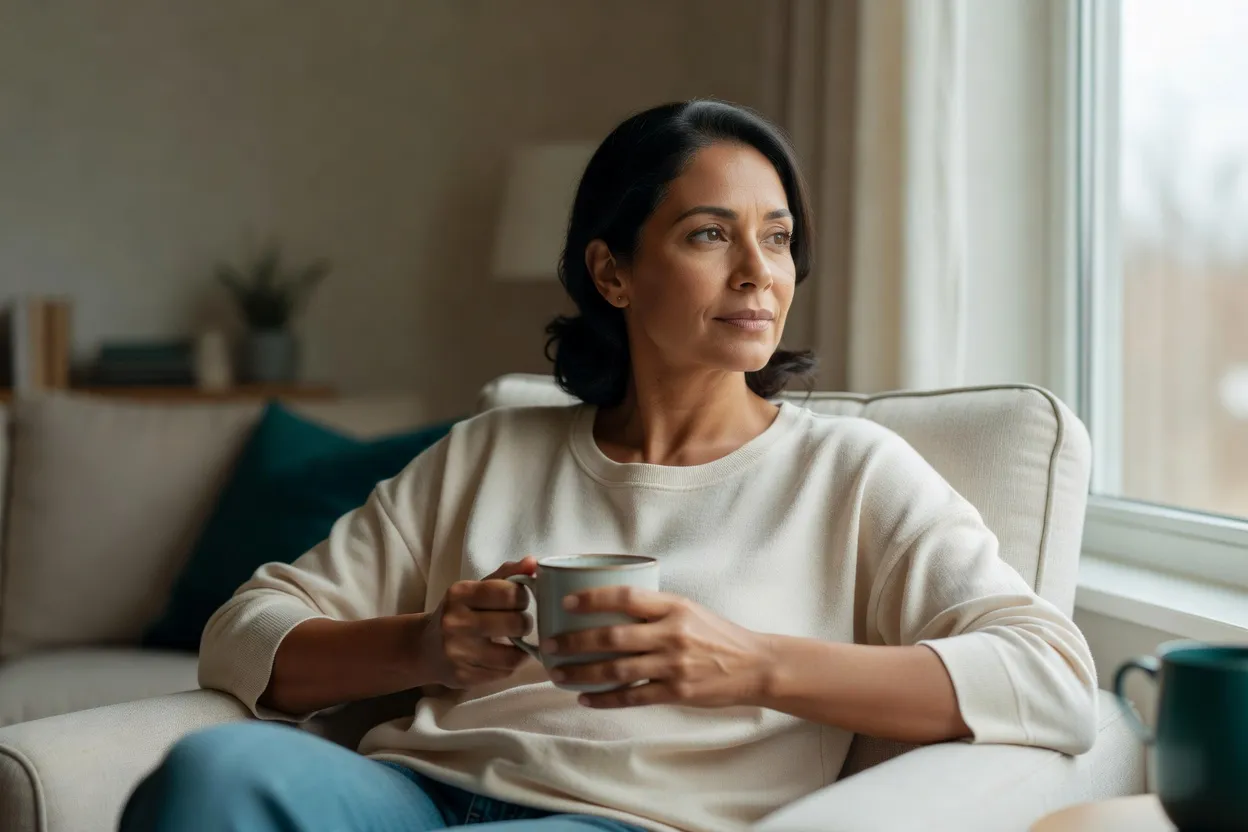 A woman sitting by a window at home with a mug, shoulders down, looking out at the daylight.