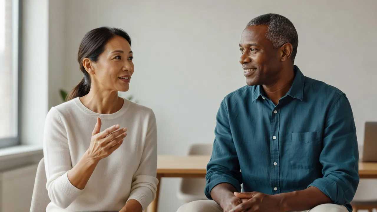 Two colleagues mid-conversation in a bright room, relaxed and open posture.