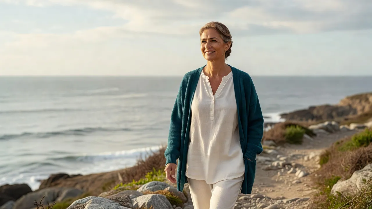 A woman mid-stride on a coastal path in the morning, easy pace, sea beyond.