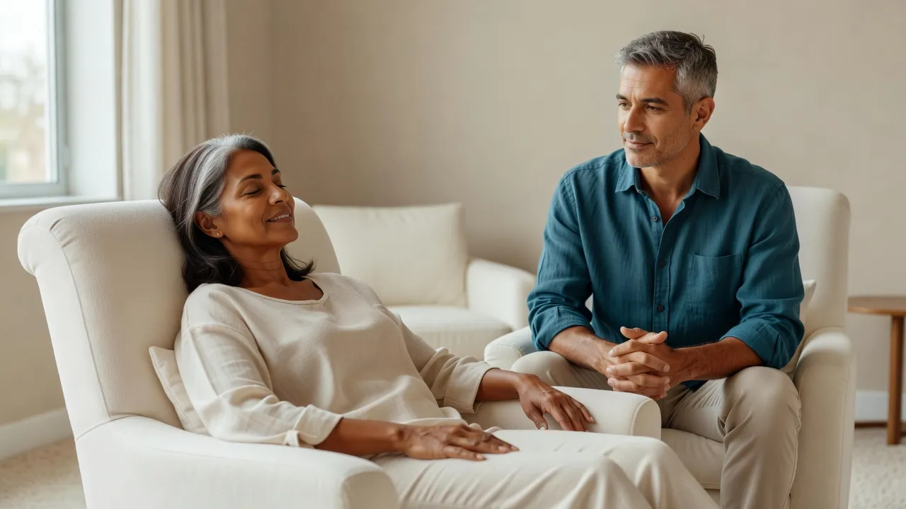 A bright consulting room: someone reclined with their eyes closed and at ease, a therapist seated attentively nearby.