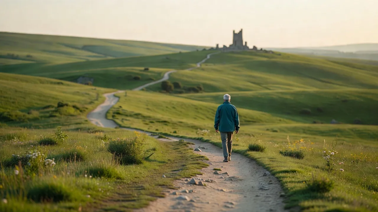 A winding path through open countryside climbing toward a distant landmark at golden hour.