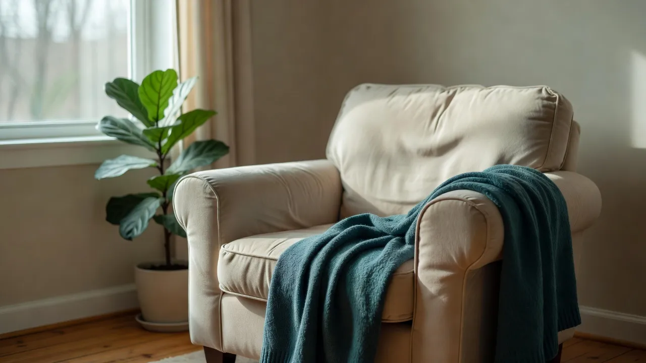 A quiet sunlit room with an empty armchair beside a window and a blanket over the arm.