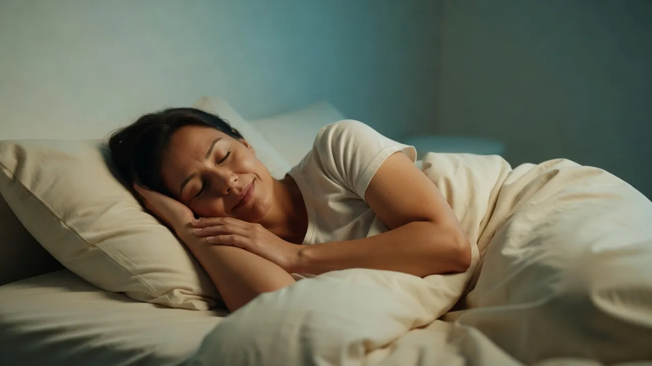 An uncluttered bedroom at first light, curtains half open, dawn light across the bed.