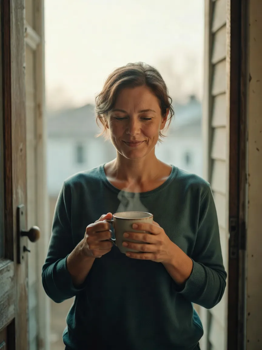 A person on a doorstep in the morning with a mug of tea, breathing the fresh air.