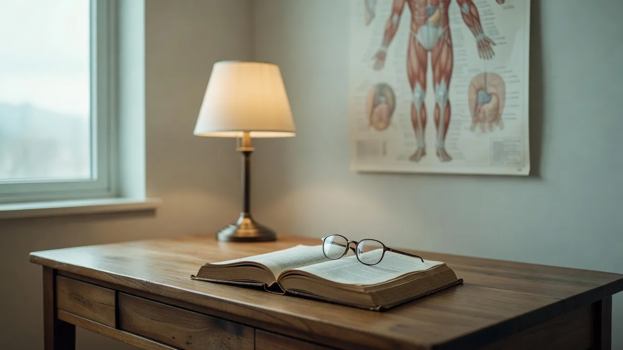 A working desk with an open reference volume, reading glasses resting on the page, a lit lamp, and an anatomical chart on the wall behind.