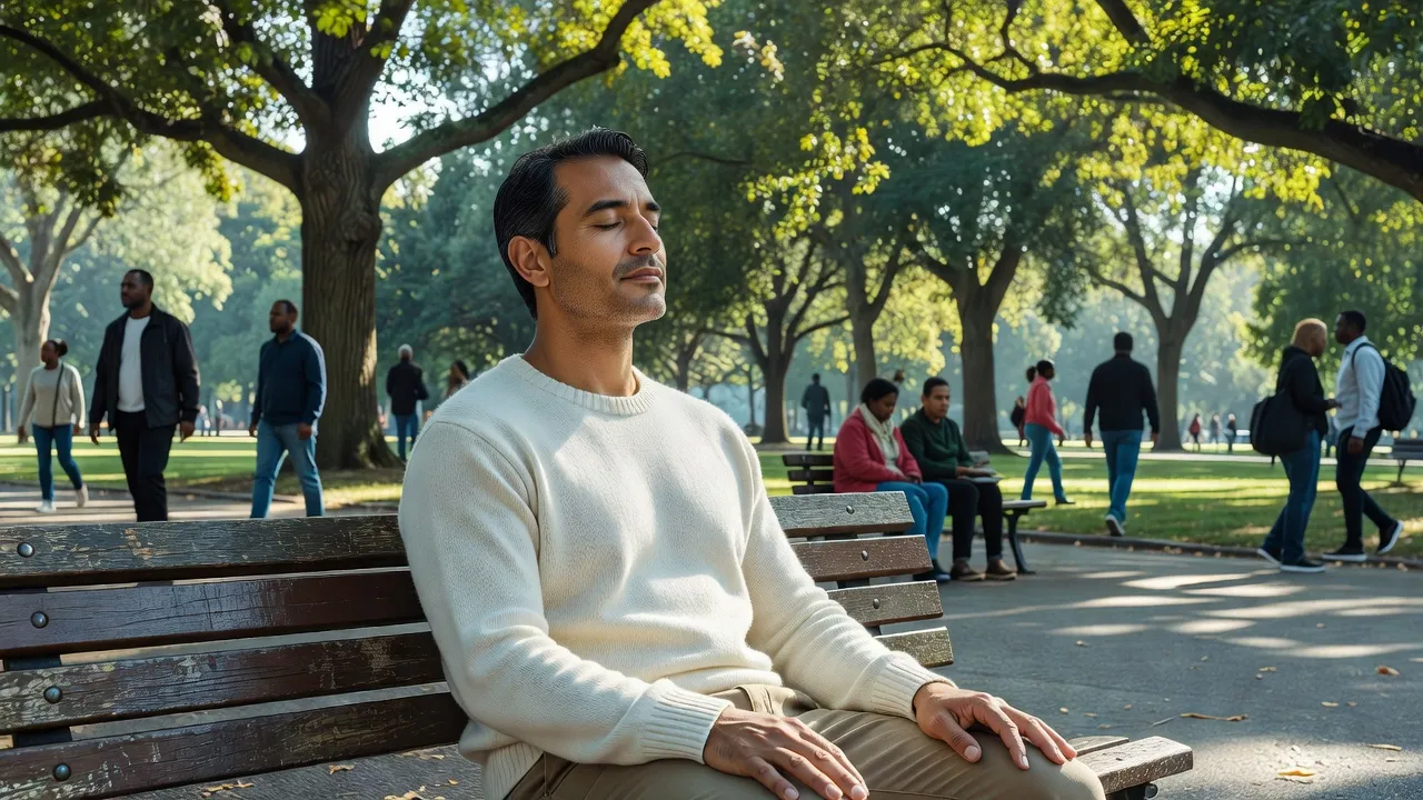 A man sitting on a park bench in the morning, eyes softly closed, shoulders down, light coming through the trees behind him.